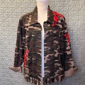 Pelcro and the Letterpress Camo Denim Jacket with Embroidered Red Floral Accents